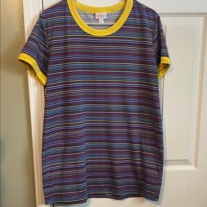 LuLaRoe Liv Striped Tee with Yellow Trim. Size Large.